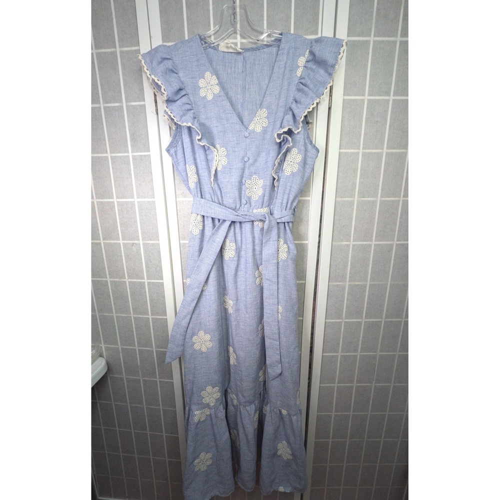Original USA Womens Maxi Dress L/XL Blue Linen Blend Floral Eyelet Ruffle Boho
